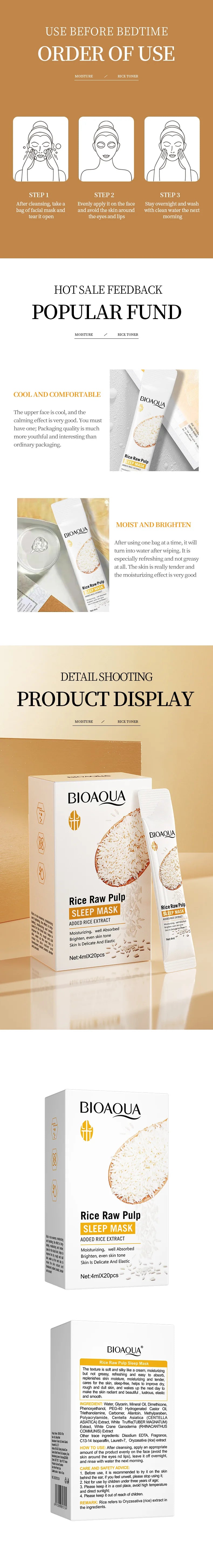 20pcs BIOAQUA Rice Raw Pulp Sleeping Masks Brightening Firming Hydrating Moisturizing Face Mask skincare Sleep Facial Masks